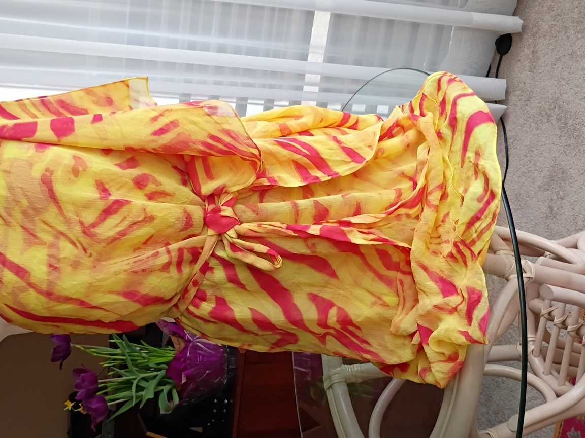 Halston 100 % Silk One-Shoulder Yellow And Red Printed Tie-Waist Dress